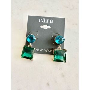 Bright blue and emerald green rhinestone dangle earrings
